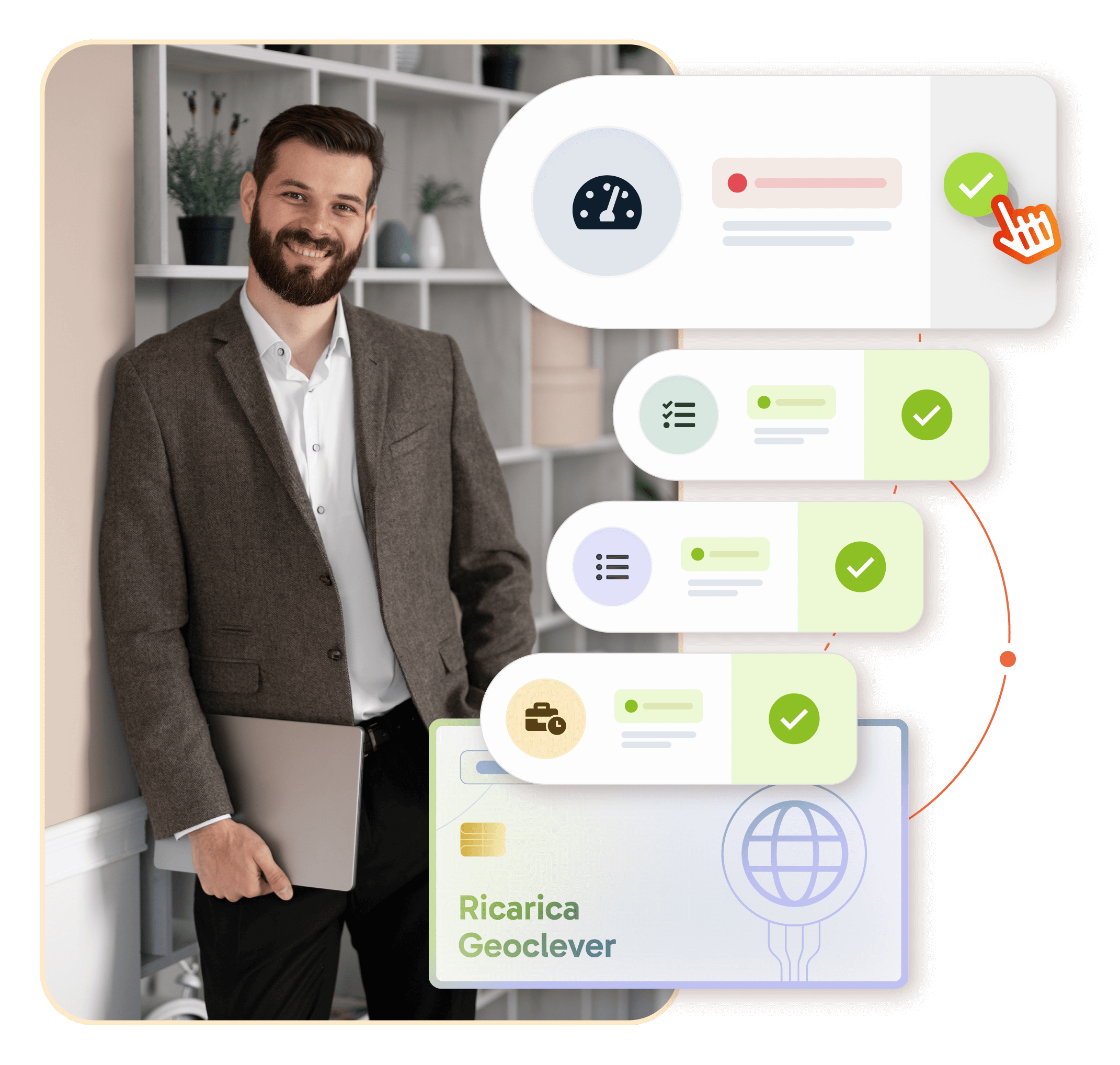 Uomo in abito con laptop, affiancato da elementi grafici di moduli attivati e una carta ricaricabile virtuale.